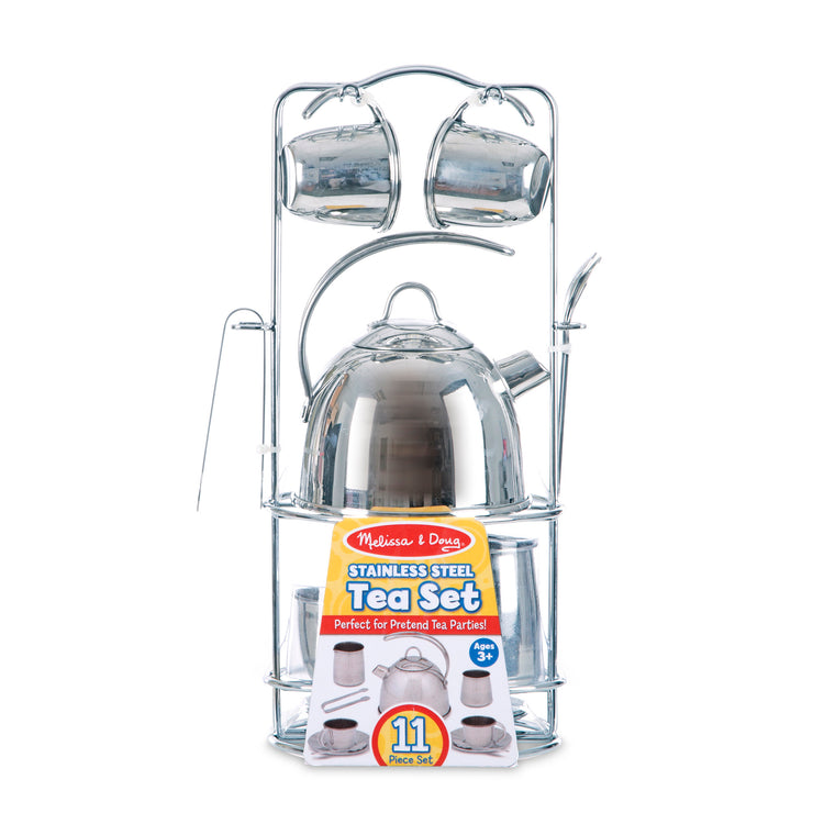 The front of the box for The Melissa & Doug Stainless Steel Pretend Play Tea Set with Storage Rack for Kids (11 pcs)