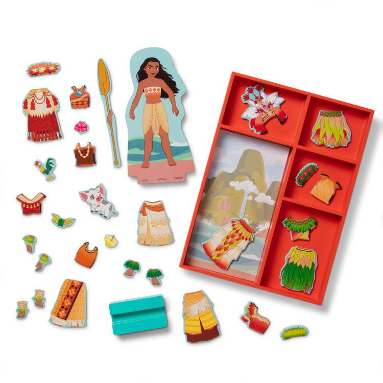 The loose pieces of The Melissa & Doug Disney Princess Moana Magnetic Dress-Up Wooden Doll Pretend Play Set (30+ pcs)
