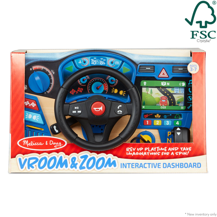 The front of the box for The Melissa & Doug Vroom & Zoom Interactive Wooden Dashboard Steering Wheel Pretend Play Driving Toy