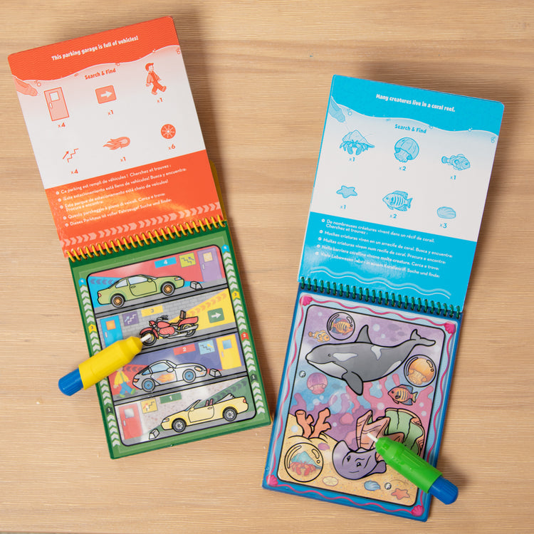 A playroom scene with The Melissa & Doug Water WOW! 2-Pack – Animals, Vehicles Water-Reveal Travel Activity Pads 