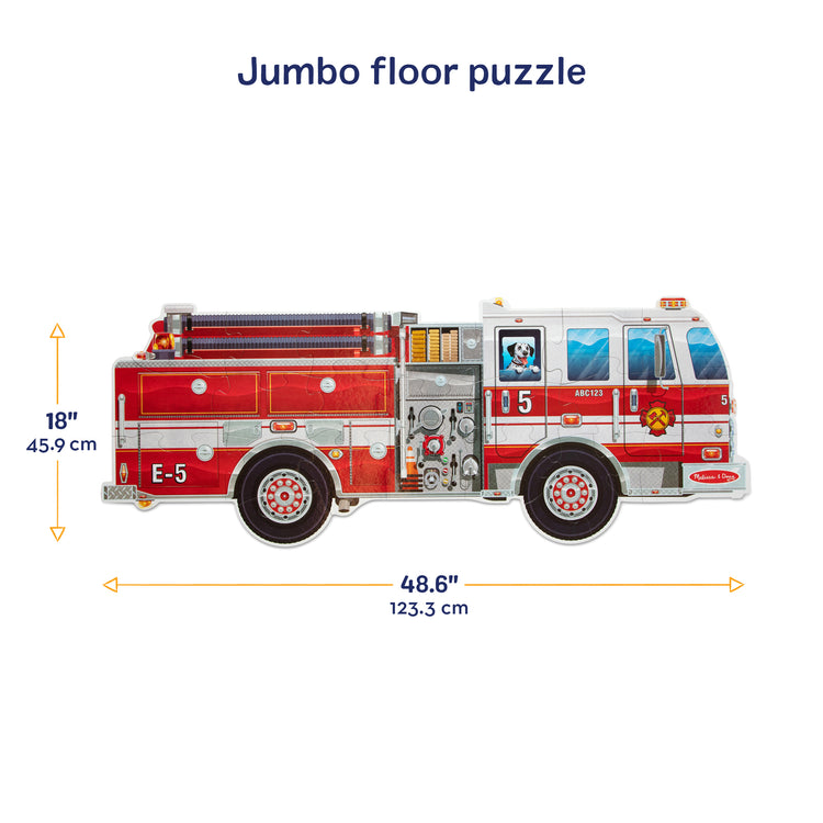 The front of the box for The Melissa & Doug Giant Fire Truck Shaped Jumbo Floor Puzzle, 24-Piece Fire Engine Jigsaw Puzzle, Over 4 Ft Long Kids Puzzles for Toddlers Ages 3+
