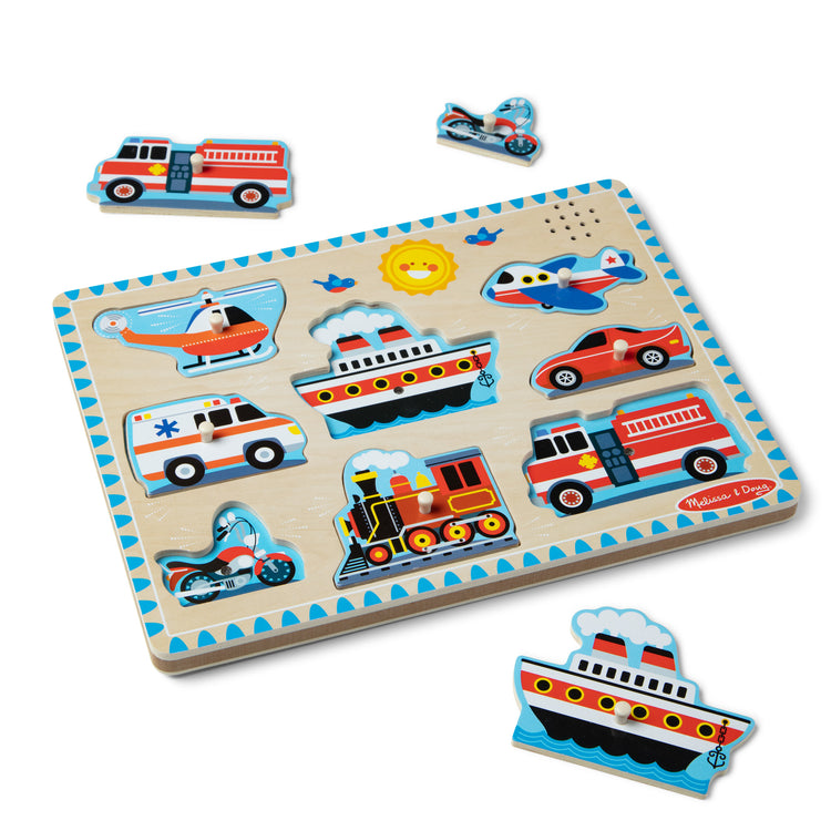 The front of the box for The Melissa & Doug Vehicles Sound Puzzle - Wooden Peg Puzzle With Sound Effects (8 pcs)