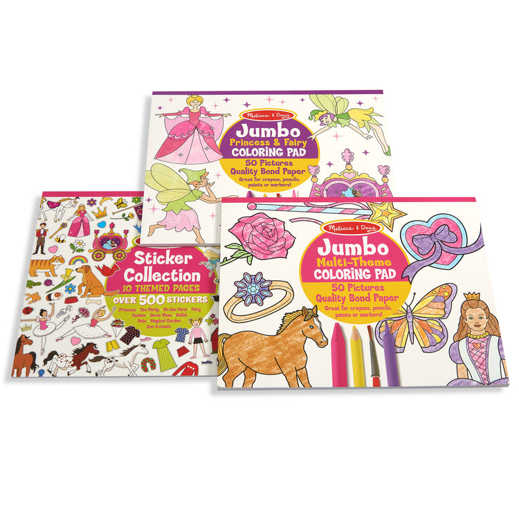 A kid playing with The Melissa & Doug Sticker Collection and Coloring Pads Set: Princesses, Fairies, Animals, and More