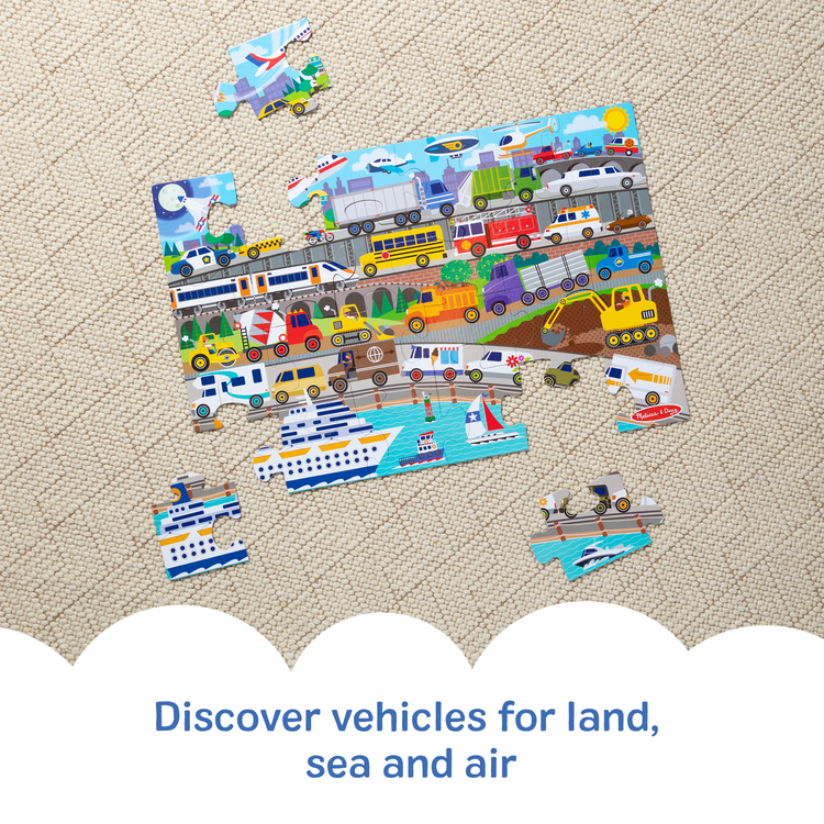 The front of the box for The Melissa & Doug Traffic Jam, City Vehicle Themed Jumbo Floor Puzzle, 24-Piece Jigsaw Puzzle with Multiple Vehicles, 3 x 2 Foot Toddler Puzzles for Kids Ages 3+