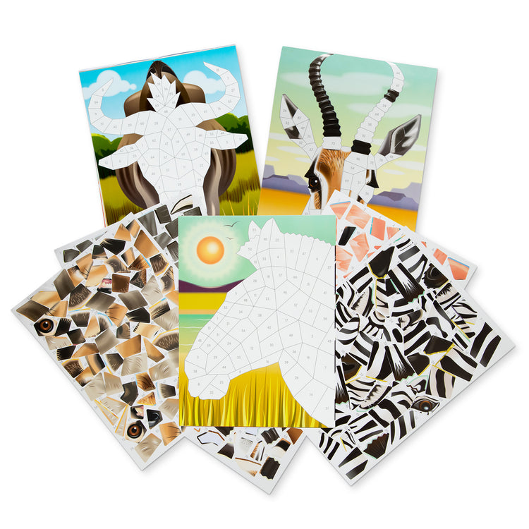 The loose pieces of The Melissa & Doug Mosaic Sticker Pad Safari Animals (12 Color Scenes to Complete with 850+ Stickers)