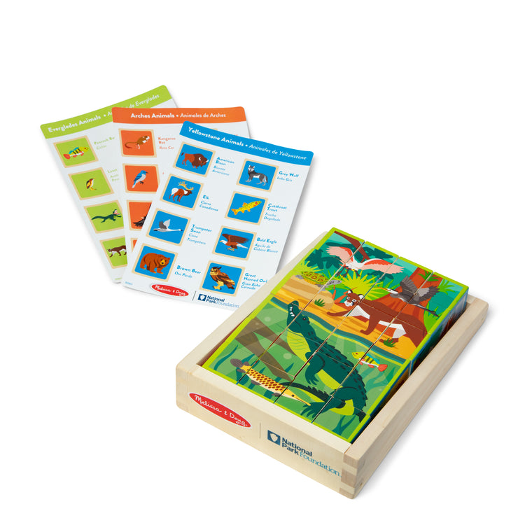 The loose pieces of The Melissa & Doug National Parks Alphabet & Animals 24-Piece Cube Puzzle (Everglades, Arches, Yellowstone)
