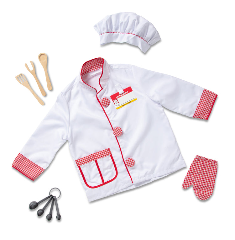The loose pieces of The Melissa & Doug Chef Role Play Costume Dress -Up Set With Realistic Accessories