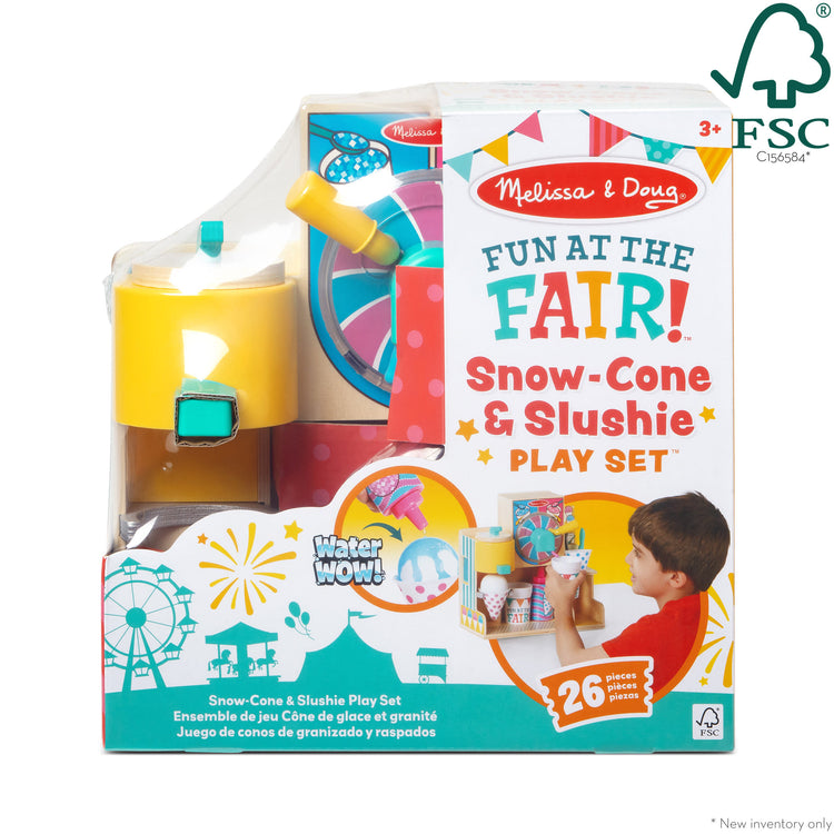 The front of the box for The Melissa & Doug Fun at the Fair! Wooden Snow-Cone and Slushie Play Food Set