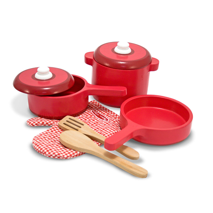 The loose pieces of The Melissa & Doug Deluxe Wooden Kitchen Accessory Play Set - Pots & Pans (8 pcs)