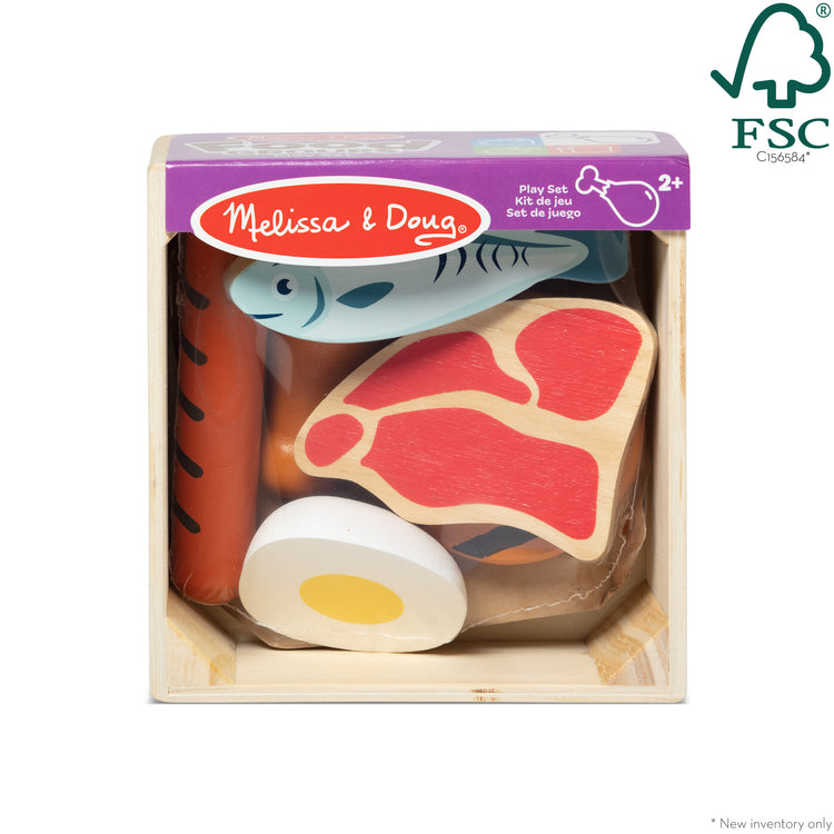 The front of the box for The Melissa & Doug Wooden Food Groups Play Food Set – Protein