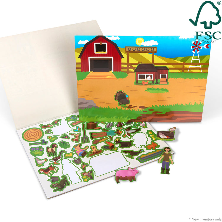The front of the box for The Melissa & Doug Reusable Sticker Pad: Farm - 280+ Stickers, 5 Scenes