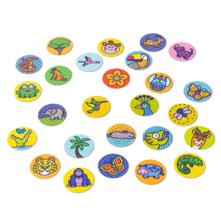 The loose pieces of The Melissa & Doug Sticker WOW!™ 300+ Refill Stickers for Sticker Stamper Arts and Crafts Fidget Toy Collectibles – Tiger Safari Theme, Assorted (Stickers Only)
