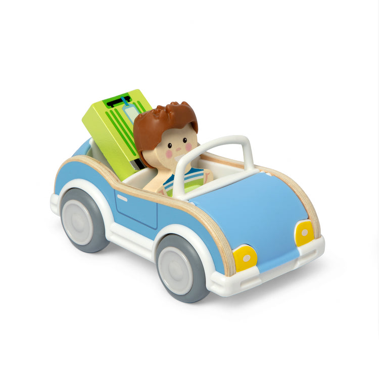 The loose pieces of The Melissa & Doug Cheery Lane Vehicle and Boy Figure, Wooden Toy Convertible Car Playset - For Ages 2+