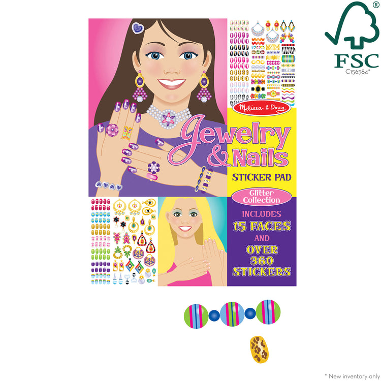 The loose pieces of The Melissa & Doug Jewelry and Nails Glitter Sticker Pad - 360+ Stickers, 15 Faces