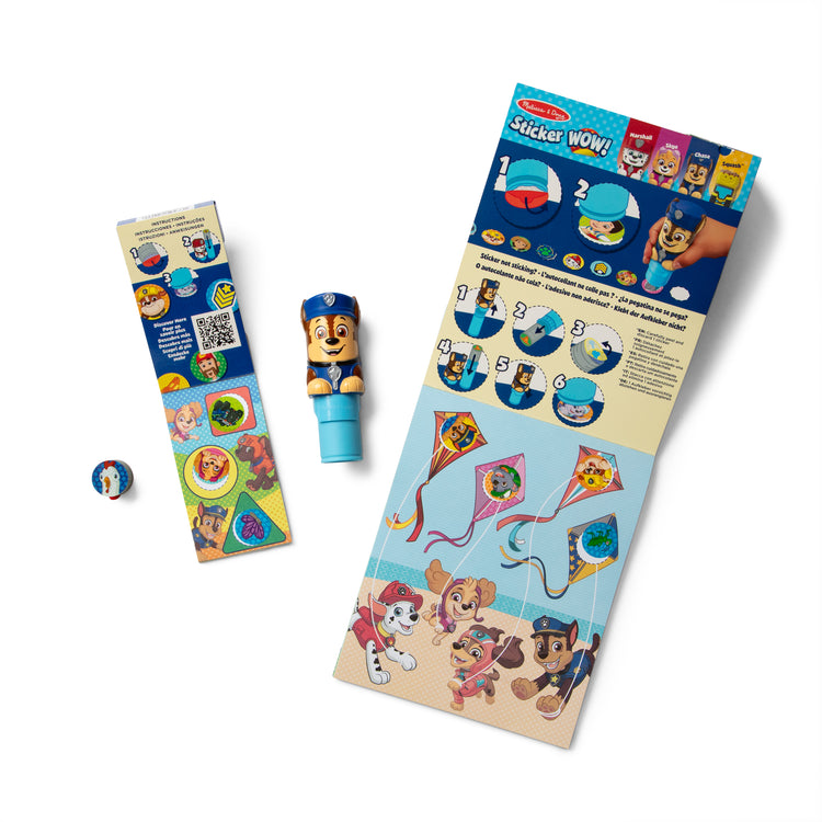 The front of the box for The Melissa & Doug Sticker WOW!™ PAW Patrol Chase Bundle: 24-Page Activity Pad, Sticker Stamper, 500 Stickers, Mini Pad, Arts and Crafts Fidget Toy Collectible Character