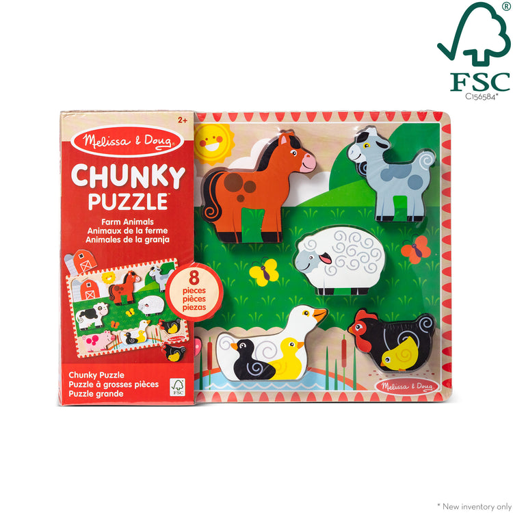 The front of the box for The Melissa & Doug Farm Wooden Chunky Puzzle (8 pcs)