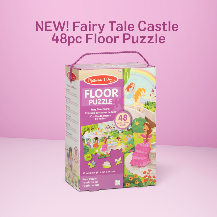 A kid playing with The Melissa & Doug Fairy Tale Castle, Storybook Princess Themed Jumbo Floor Puzzle, 48-Piece Jigsaw Puzzle, 3 x 2 Foot Toddler Puzzles for Kids Ages 3+