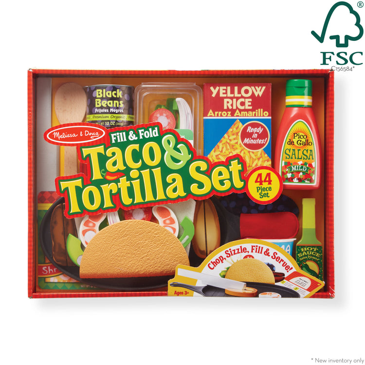 The front of the box for The Melissa & Doug Fill & Fold Taco & Tortilla Set, 43 Pieces – Sliceable Wooden Mexican Play Food, Skillet, and More