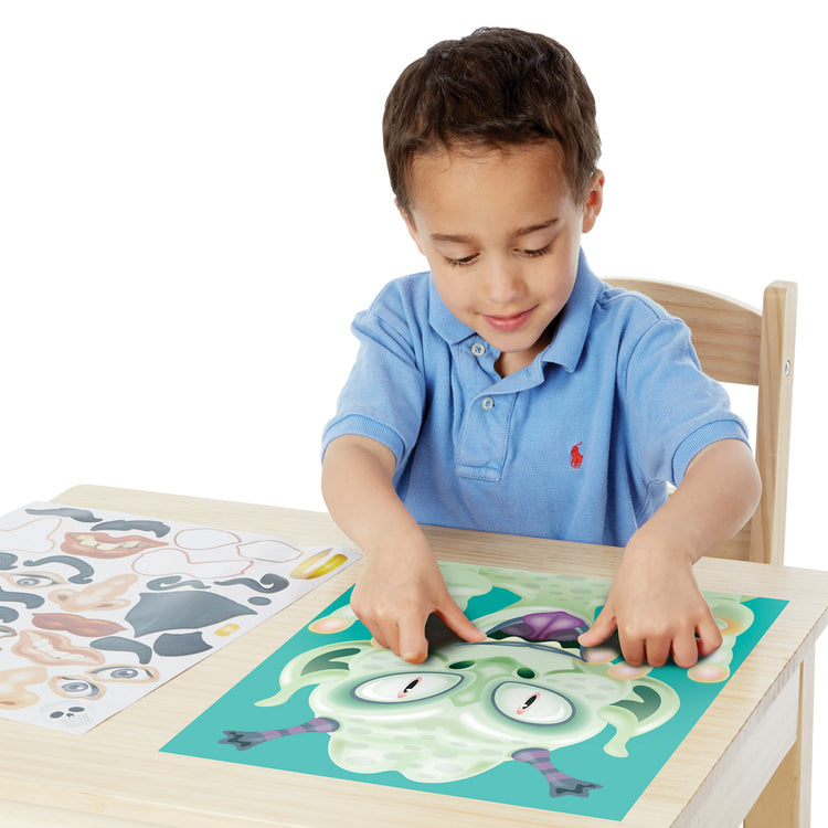 A child on white background with The Melissa & Doug Make-a-Face Sticker Pad - Crazy Characters, 20 Faces, 5 Sticker Sheets