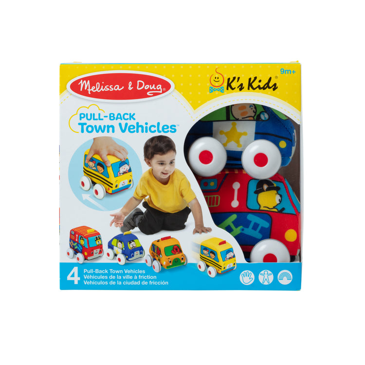 The front of the box for The Melissa & Doug K's Kids Pull-Back Vehicle Set - Soft Baby Toy Set With 4 Cars and Trucks and Carrying Case