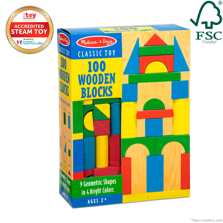 The front of the box for The Melissa & Doug Wooden Building Blocks Set - 100 Blocks in 4 Colors and 9 Shapes