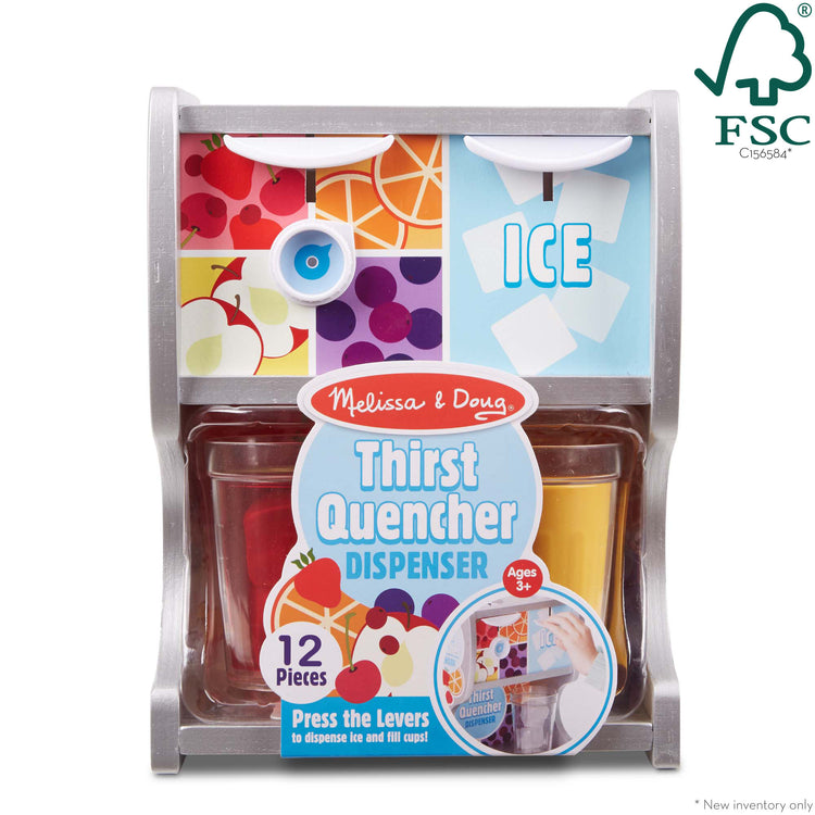 The front of the box for The Melissa & Doug Wooden Thirst Quencher Drink Dispenser With Cups, Juice Inserts, Ice Cubes