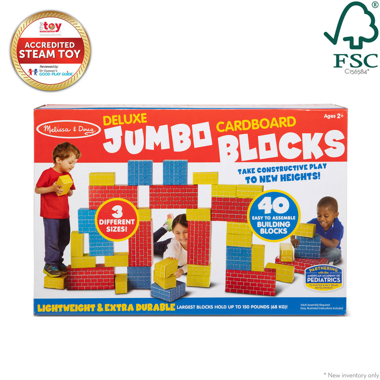 The front of the box for The Melissa & Doug Jumbo Extra-Thick Cardboard Building Blocks - 40 Blocks in 3 Sizes