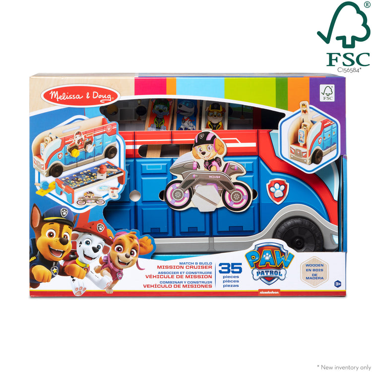 The front of the box for The Melissa & Doug PAW Patrol Match & Build Mission Cruiser