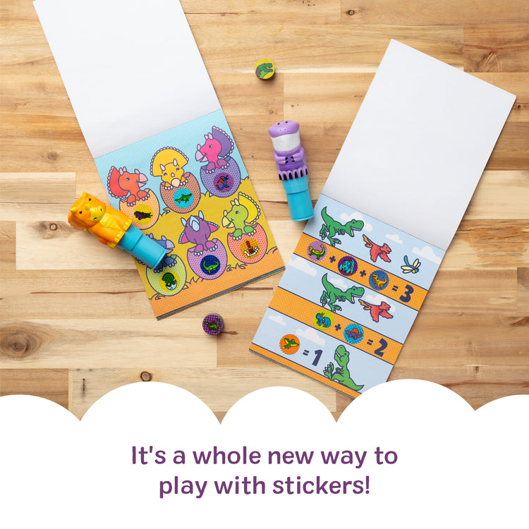 A kid playing with The Melissa & Doug Sticker Wow!™ T-Rex and Triceratops Bundle: Two 24-Page Activity Pads, 2 Sticker Stampers, 900 Stickers, Arts and Crafts Fidget Toy Collectible Characters