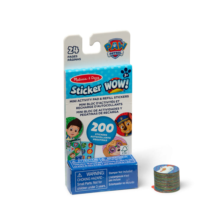 The loose pieces of The Melissa & Doug Sticker WOW!™ Mini Activity Pad and 200+ Refill Stickers for Sticker Stamper Arts and Crafts Fidget Toy Collectibles – PAW Patrol Stickers