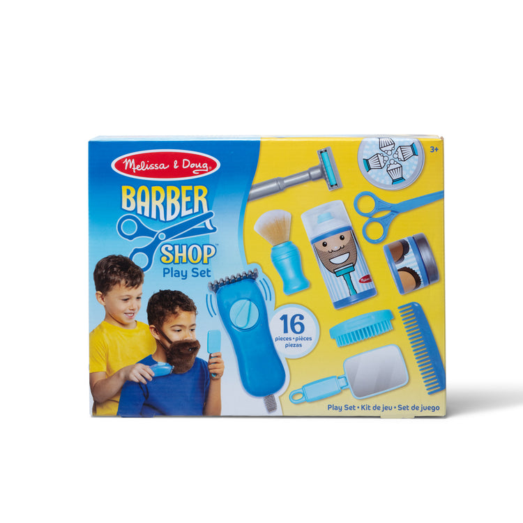 The front of the box for The Melissa & Doug Barber Shop Pretend Play Set Shaving Toy for Boys and Girls Ages 3+