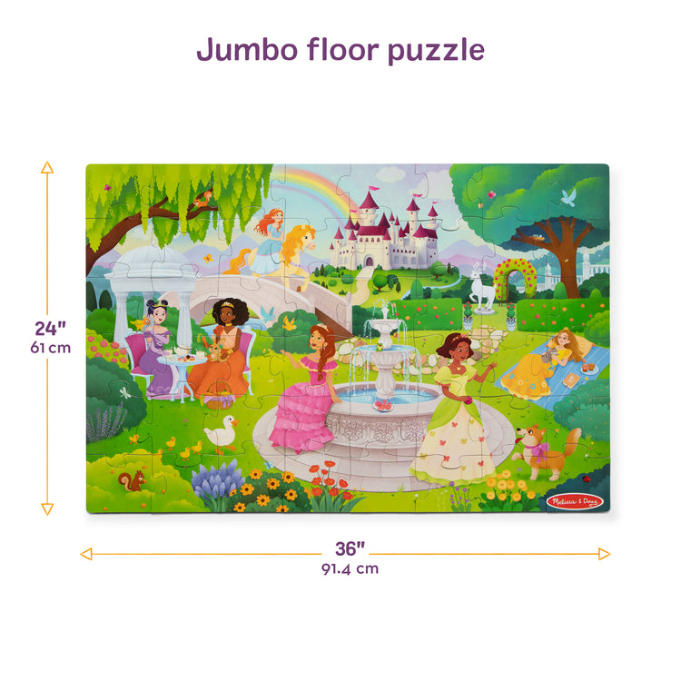 The front of the box for The Melissa & Doug Fairy Tale Castle, Storybook Princess Themed Jumbo Floor Puzzle, 48-Piece Jigsaw Puzzle, 3 x 2 Foot Toddler Puzzles for Kids Ages 3+