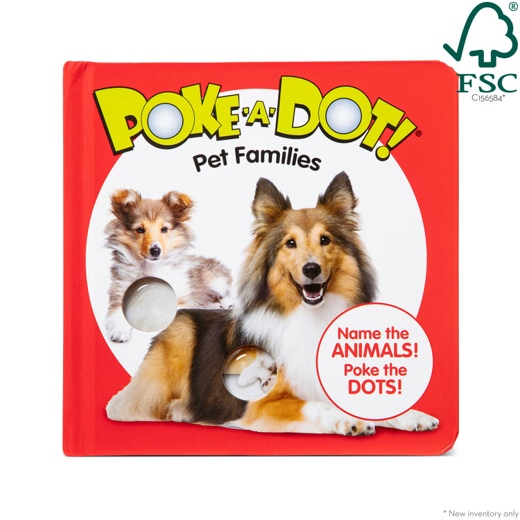 The front of the box for The Melissa & Doug Children’s Book – Poke-a-Dot: Pet Families (Board Book with Buttons to Pop)