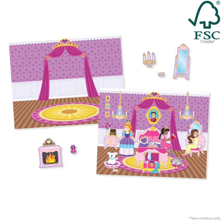 The loose pieces of The Melissa & Doug Reusable Sticker Pad: Princess Castle - 200+ Stickers and 5 Scenes