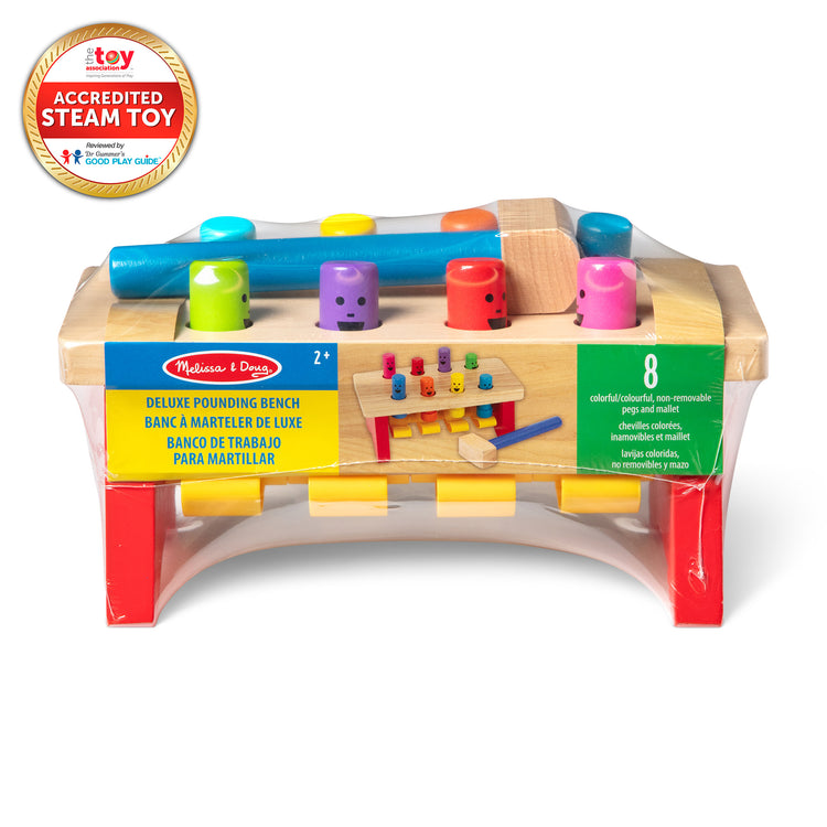 The front of the box for The Melissa & Doug Deluxe Pounding Bench Wooden Toy With Mallet