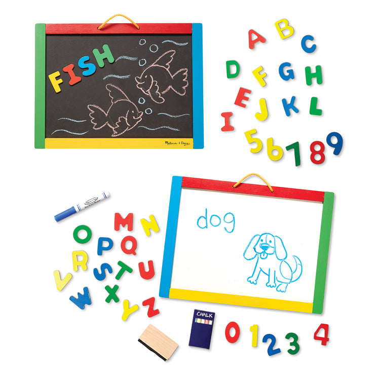 The loose pieces of The Melissa & Doug Magnetic Chalkboard and Dry-Erase Board With 36 Magnets (Numbers and Uppercase Letters), Chalk, Eraser, and Dry-Erase Pen