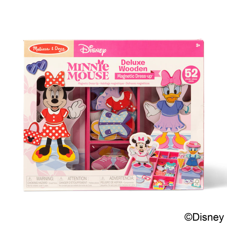 The front of the box for The Melissa & Doug Disney Minnie Mouse and Daisy Duck Deluxe Wooden Magnetic Dress-Up; 2 Fashion Dolls with Stands for Pretend Play, 52 Pieces