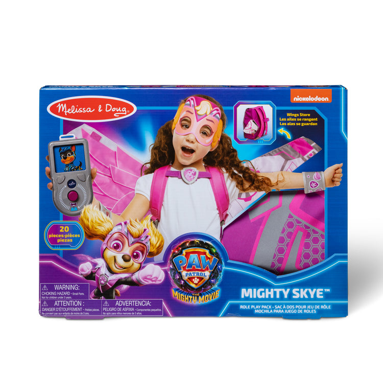 The front of the box for The Melissa & Doug PAW Patrol™ The Mighty Movie Mighty Skye Role Play Pack with Wings for Toddlers and Kids Age 3+