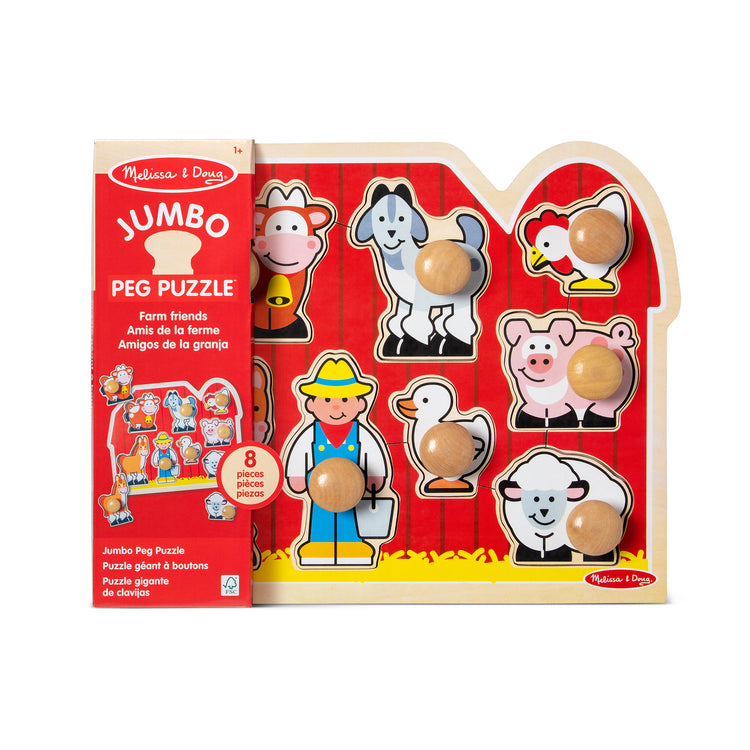 The front of the box for The Melissa & Doug Farm Animals Jumbo Knob Wooden Puzzle