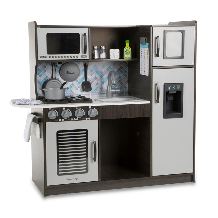 An assembled or decorated The Melissa & Doug Chef's Wooden Pretend Play Kitchen for Kids With “Ice” Cube Dispenser – Charcoal Gray