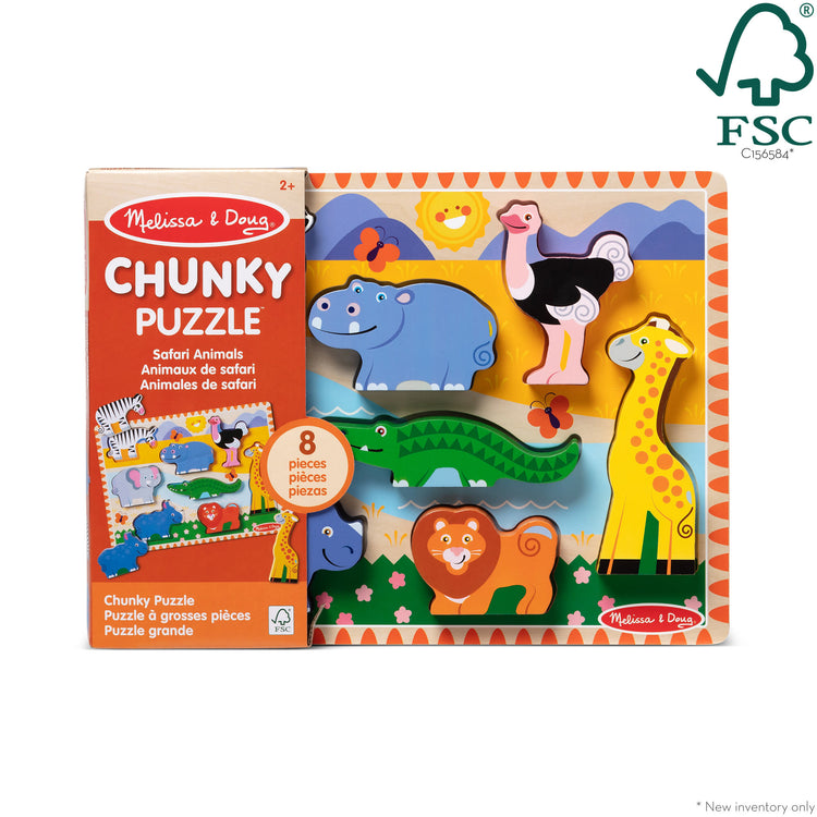 The front of the box for The Melissa & Doug Safari Wooden Chunky Puzzle - 8 Pieces