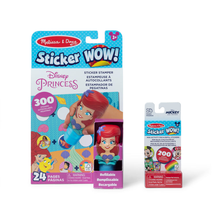 The front of the box for The Melissa & Doug Sticker Wow!™ Disney Princess Ariel Bundle: 24-Page Activity Book, Refillable Sticker Stamper, Mini Pad, 500 Stickers, Arts and Crafts for Kids Ages 3+