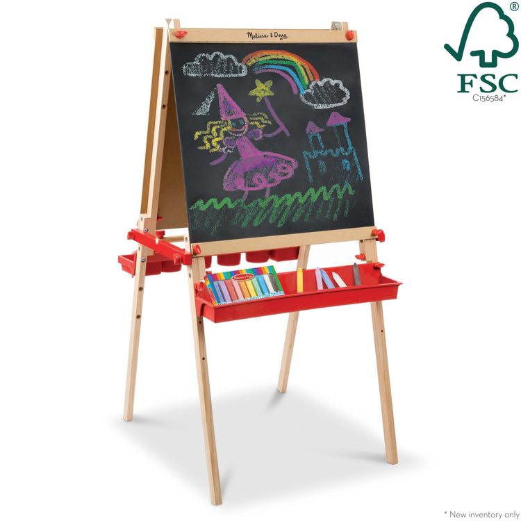 An assembled or decorated The Melissa & Doug Deluxe Magnetic Standing Art Easel With Chalkboard, Dry-Erase Board, and 39 Letter and Number Magnets
