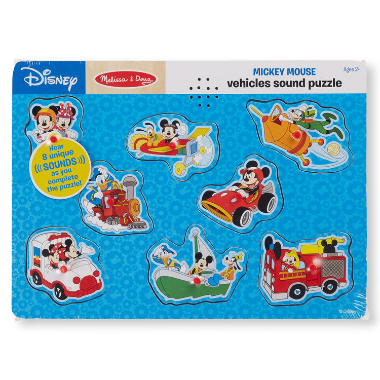 The front of the box for The Melissa & Doug Disney Mickey Mouse and Friends Vehicles Sound Puzzle (8 pcs)