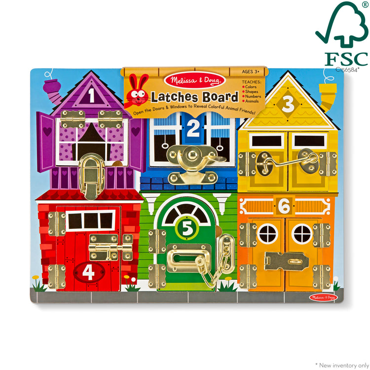 The front of the box for The Melissa & Doug Latches Wooden Activity Board