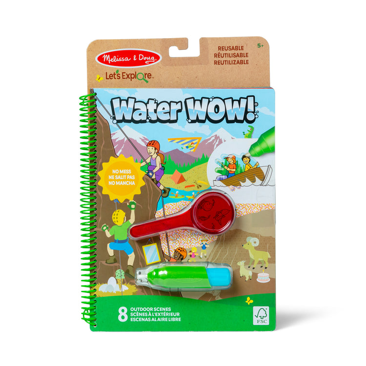 The front of the box for The Melissa & Doug Let’s Explore Water Wow! Outdoor Adventure Deluxe Water-Reveal Pad – Reusable On The Go Travel Activity