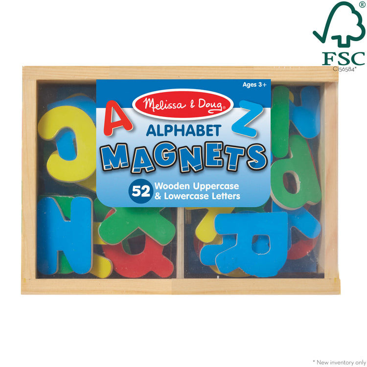 The front of the box for The Melissa & Doug 52 Wooden Alphabet Magnets in a Box - Uppercase and Lowercase Letters