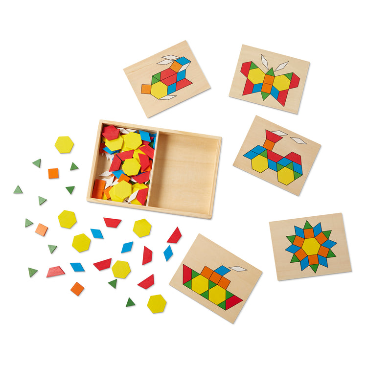The loose pieces of The Melissa & Doug Pattern Blocks and Boards - Classic Toy With 120 Solid Wood Shapes and 5 Double-Sided Panels, Multi-Colored Animals Puzzle