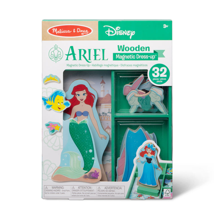 The front of the box for The Melissa & Doug Disney Princess Ariel Magnetic Dress-Up Wooden Doll Pretend Play Set (30+ Pieces)