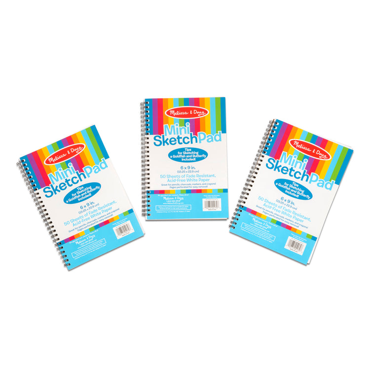 The front of the box for The Melissa & Doug Mini Sketch Pad of Paper (6 x 9 inches) - 50 Sheets, 3-Pack